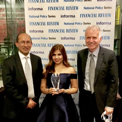 Pictured from left to right: UQ Chancellor Peter Varghese AO, BEL SET Director Rhea Jain and UQ Provost Professor Aidan Byrne. Pictured from left to right: UQ Chancellor Peter Varghese AO, BEL SET Director Rhea Jain and UQ Provost Professor Aidan Byrne.